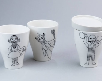 MUG CIRCUS - coffee cup ,tea cup , ceramic cup ,porcelain, black & white drawings, circus , contemporary ceramics , nordic design,handmade
