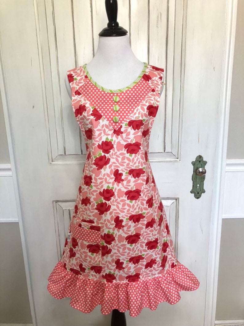 Red and pink floral apron