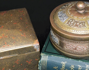 2 Engraved Vintage Trinket Boxes in Brass, Copper, Silver Plate | Brass Home Decor | Vintage Storage | Indian Folk Art | Vintage Gifts
