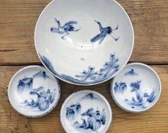 4 Pieces, Japanese Pottery | Antique Imari Bowl | Blue and White China