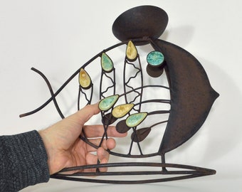 Fish Candleholder Sculpture  - Mid Century Modern Atomic Style Metal & Enamel