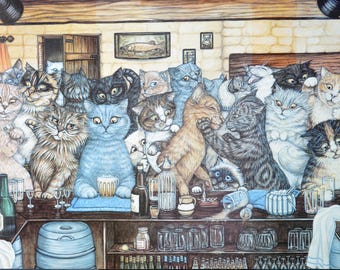 Zoe Stokes “Last Orders” Cat Art Print – Vintage Framed Pub Scene | Whimsical Cat Wall Art | Louis Wain Style Collectible