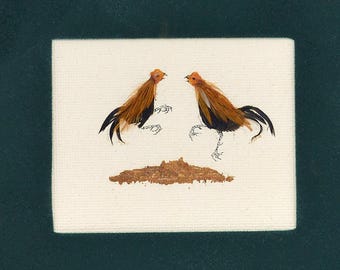 Vintage 1970s Feather Art – Fighting Cockerels Triptych – Framed Folk Artwork –  Royal College of Art 1972