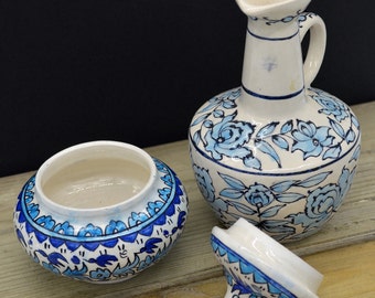 Vintage Islamic Art Pottery, Turkish Ceramic Lidded Jar, Kutahya Ceramic Pitcher, Blue and White