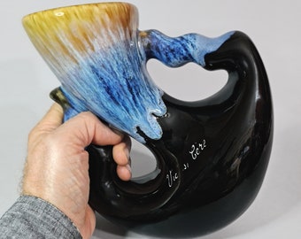 Mid Century Vintage Ceramic Drip-Glaze Horn Vase | French | Cornucopia Vase | Grès Flammés
