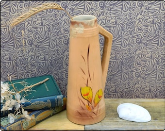 Vintage Buff Stoneware Milk Jug / Vase with Floral Pattern | Rustic Decor | Ceramic Pitcher