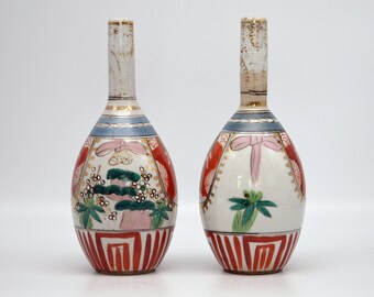 Pair Of Antique Japanese Sake Bottle Vases | Late Meiji To Early Showa Period | Japanese Kutani Vases