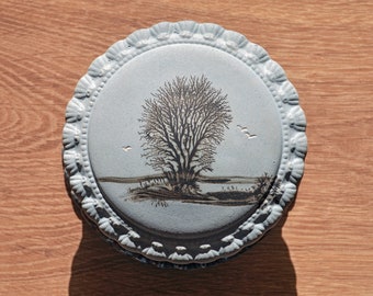 Small Round Ceramic Trinket Box w/ Tree Design | Keepsake Box | Stash Jar | Nature Lover Gift