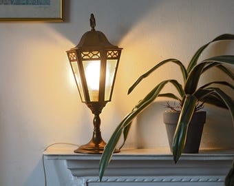 Vintage Brass Lantern Lamp – UK Mains Powered – Hexagonal Design – Frosted Glass Panels – Working Order