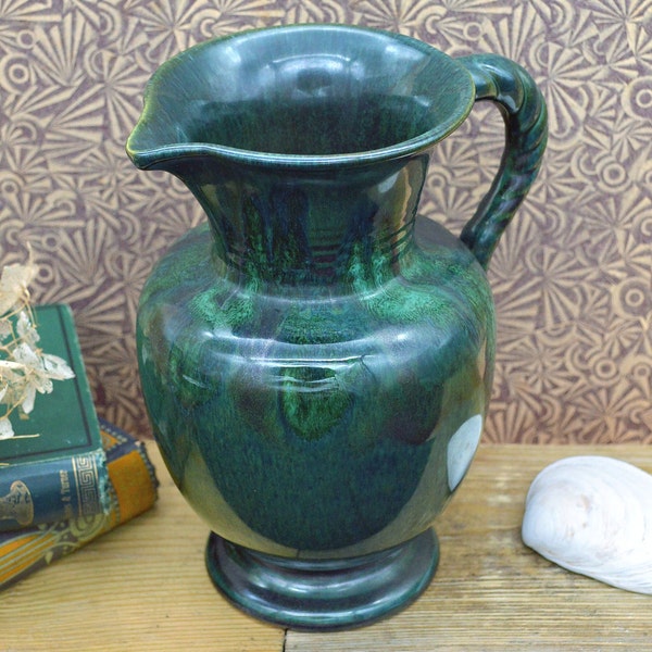 German Pottery Green Vase Jug, Drip Glaze Pottery, Flower Vase, Gifts For Him, Vintage Decor