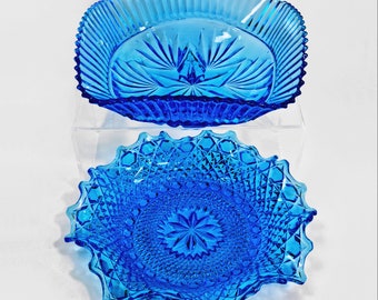 Two Vintage Sowerby Ellison Blue Depression Glass Bowls ( Glass Fruit Bowl, Candy Dish )