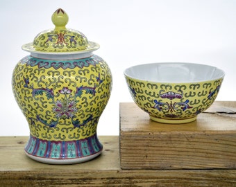 Vintage Chinese Porcelain Ginger Jar & Rice Bowl |Shou Longevity | Mun Shou Porcelain