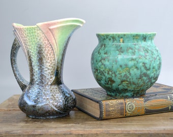 x2 Art Deco Pottery Pieces, Sylvac Jug '1784' & Mottled Green Glaze Jardiniere Planter, Signed 'HE'