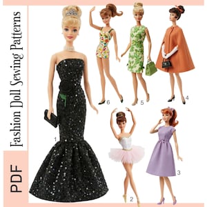 Pode incluir: Imagem com seis roupas de bonecas, incluindo um vestido preto com lantejoulas, um fato de banho floral e um vestido verde. O texto diz "Doll Outfit Set - 8801" e "6 Padrões de costura para bonecas de 29,21 cm".