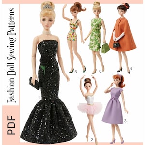 Può includere: Un set di cartamodelli PDF per bambole da 29,2 cm, etichettato Doll Outfit Set 8801. L'immagine mostra sei bambole che indossano vari abiti: un abito nero con paillettes, un tutù rosa, un vestito viola, una mantella arancione e abiti a fiori.