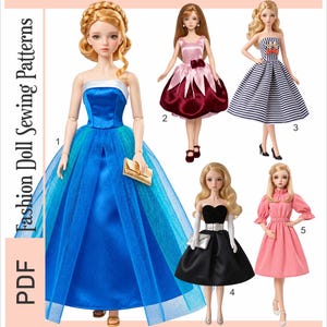 Peut inclure: Un ensemble de patrons de couture PDF 8803 pour poupées mannequin de 29,2 cm comprenant cinq tenues : une robe bleue, une robe rose et bordeaux, une robe rayée marine, un ensemble formel noir et blanc et une robe rose à manches bouffantes.