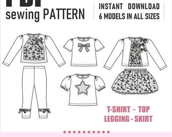 Cartamodello per t-shirt e pantaloni da bambina / T-shirt per bambini / Leggings per bambine / Cartamodello per bambini / Taglie 3-6 / Download immediato del modello in PDF