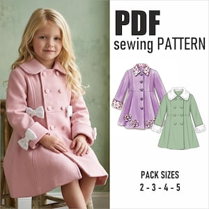 May include: A PDF sewing pattern for a double-breasted coat with white bows on the sleeves. The pattern includes illustrations of a purple coat with floral accents and a green coat with a white fur collar and cuffs. Pack sizes 2-3-4-5 are listed.