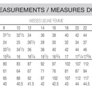 May include: A chart showing body measurements for misses sizes 8 to 26. The chart includes measurements for bust, waist, hip, back waist length, bust circumference, waist circumference, hip circumference, and neck to waist. Measurements are in inches.