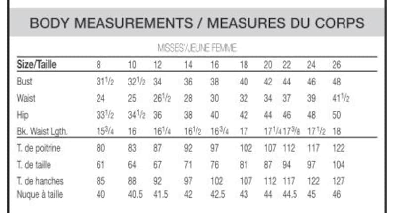 May include: A chart showing body measurements for misses sizes 8 to 26. The chart includes measurements for bust, waist, hip, back waist length, bust circumference, waist circumference, hip circumference, and neck to waist. Measurements are in inches.