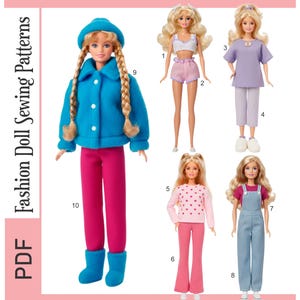 Könnte beinhalten: Sechs Barbie-Puppen in verschiedenen Outfits. Die Outfits umfassen eine blaue Jacke und eine rosa Hose, ein weißes Oberteil und rosa Shorts, ein lila Oberteil und eine gestreifte Hose, einen rosa Pullover mit Herzen und eine rosa Hose sowie blaue Latzhosen. Der Text lautet "Lily's Pattern Store 0713".