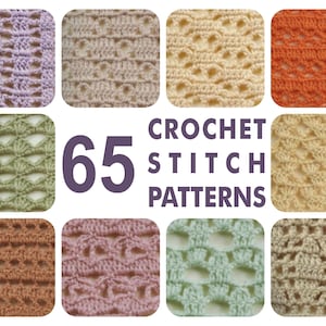 Pode incluir: Uma coleção de dez padrões de crochê distintos exibidos em molduras quadradas arredondadas, apresentando várias cores, incluindo lavanda, bege, laranja e verde. O texto central diz 65 CROCHET STITCH PATTERNS em roxo escuro.