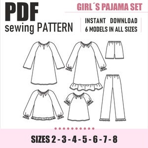 PDF Schnittmuster | Mädchen Pyjama | Schnittmuster Pyjama | Hemd | Hose | Größe 2-3-4-5-6-7-8 | Schnittmuster für Mädchen | Muster PDF Sofortiger Download
