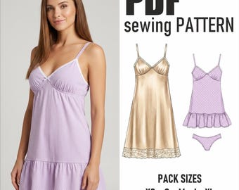 Cartamodello PDF per lingerie / Completo sottoveste e slip / Set pigiama con canotta da donna / Cartamodello per donna / Taglie XS-XL / Download immediato