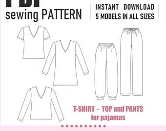 Cartamodello per pigiama da donna / T-shirt, top e pantaloni / Cartamodello per donna / 5 in 1 / Taglie 34-42 / 8-16 / Download immediato del modello in PDF