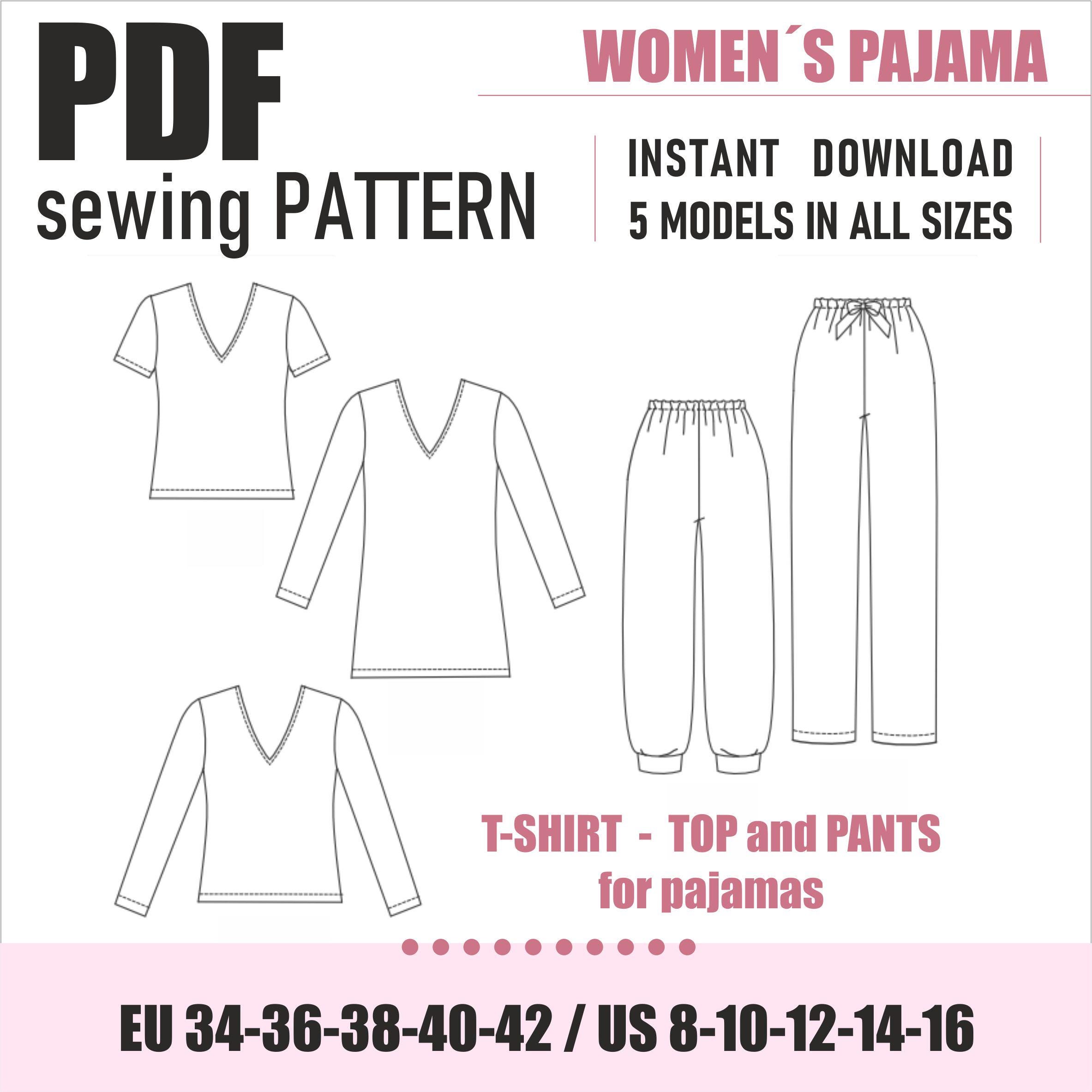 Womens Pajama Set Sewing Pattern | T-shirt, Top & Pants | Pattern for ...
