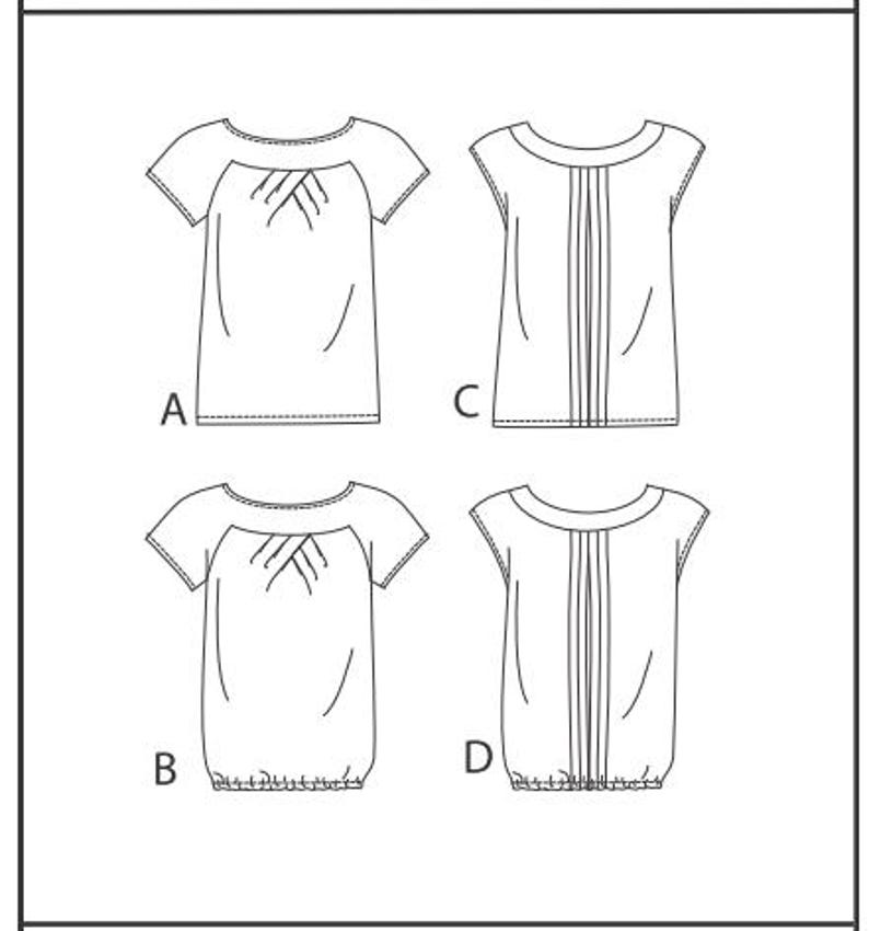 May include: Line drawing of four different styles of tops. The tops are all sleeveless and have a scoop neck. The first top has a gathered neckline. The second top has a gathered neckline and a gathered hem. The third top has a pleated front. The fourth top has a pleated front and a gathered hem.