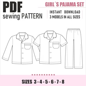 PDF Schnittmuster | Mädchen Pyjama | Schnittmuster Pyjama | Hemd | Hose | Größe 3-4-5-6-7-8 | Schnittmuster für Mädchen | Muster PDF Sofortiger Download