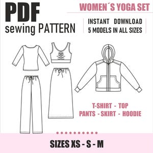 Può includere: Un cartamodello digitale per un set da yoga da donna. Il set include una t-shirt, un top, pantaloni, una gonna e una felpa con cappuccio. Il cartamodello è disponibile nelle taglie XS, S e M.  "PDF sewing PATTERN WOMEN'S YOGA SET INSTANT DOWNLOAD 5 MODELS IN ALL SIZES T-SHIRT - TOP PANTS - SKIRT - HOODIE SIZES XS - S - M"