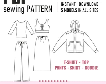 Modello di cucito per set da yoga da donna / T-shirt, reggiseno sportivo, top, felpa con cappuccio, pantaloni jogger / Taglie XS-M / Modello di cucito per abbigliamento sportivo in PDF / Download immediato
