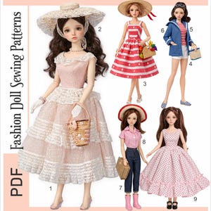Puede incluir: Una colección de nueve patrones de costura para muñecas de 29,2 cm, etiquetada como Doll Outfit Set 8807. La imagen muestra cinco muñecas con varios conjuntos, incluyendo vestidos, una falda, una blusa, pantalones vaqueros y accesorios como sombreros y bolsos.