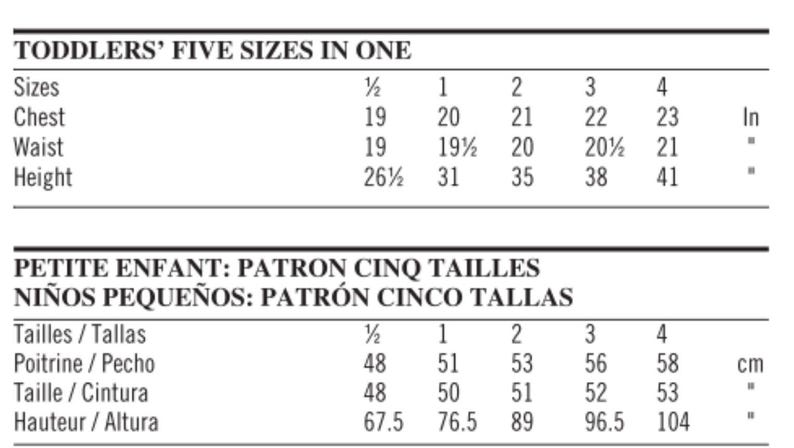 Puede incluir: Un gr&aacute;fico que muestra cinco tallas para ropa de ni&ntilde;os peque&ntilde;os con medidas en pulgadas para el pecho, la cintura y la altura.