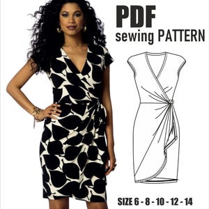 Puede incluir: Un patrón de costura para un vestido de envoltura en blanco y negro en formato PDF. El patrón incluye las tallas 6-8-10-12-14.