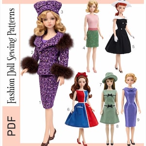 May include: A PDF sewing pattern set titled Doll Outfit Set 8804 for 29.2 cm dolls. The image displays six dolls wearing various outfits including a purple tweed suit, a pink and green ensemble, a black dress, a red and blue dress, and two others.