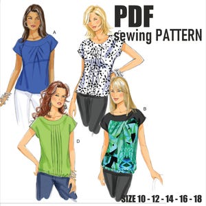 Puede incluir: Patrón de costura PDF para una blusa de mujer con cuatro variaciones diferentes. El patrón incluye una blusa azul, una blusa estampada en blanco y negro, una blusa verde y una blusa estampada en azul y verde. El patrón está disponible en las tallas 10-12-14-16-18.