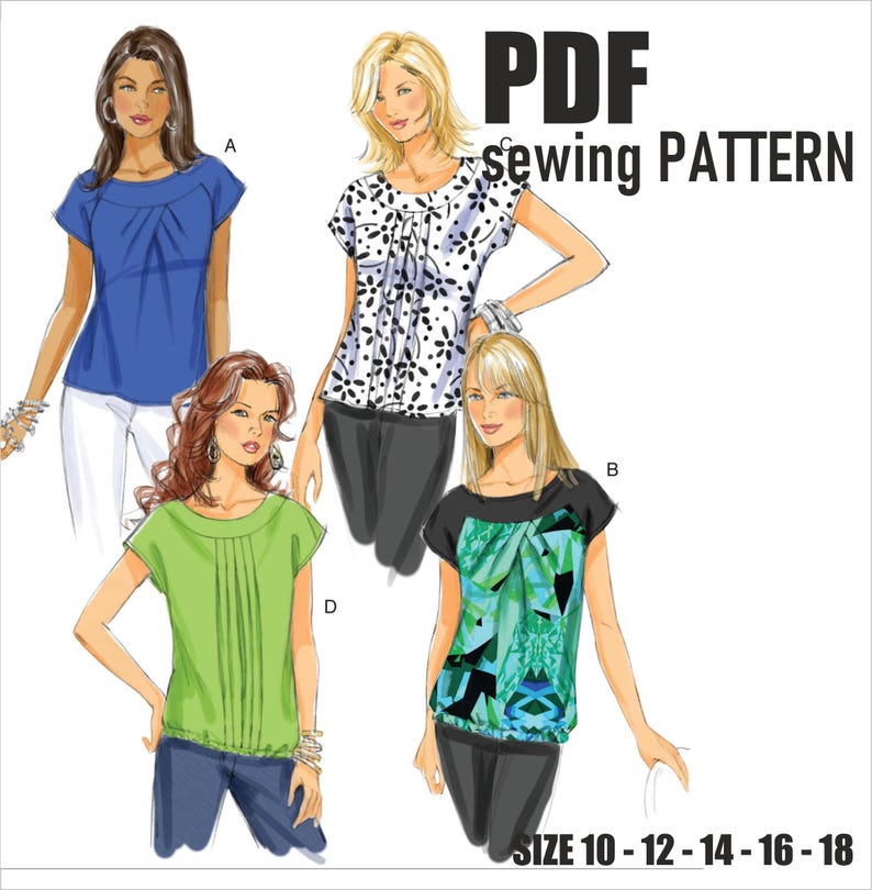 May include: PDF sewing pattern for a women's top with four different variations. The pattern includes a blue top, a black and white patterned top, a green top, and a blue and green patterned top. The pattern is available in sizes 10-12-14-16-18.