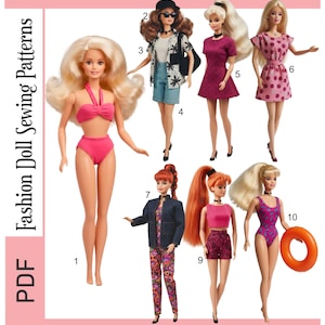 Könnte beinhalten: Ein PDF-Schnittmusterbogen von Lily's Pattern Store für das Nähen von Modepuppen. Das Bild zeigt 10 verschiedene Puppenoutfits, darunter einen Badeanzug, Kleider und Freizeitkleidung. Die Muster sind für 29,2 cm große Puppen konzipiert. Der Text auf dem Bild lautet "Printable Pattern Sheets + Instructions."