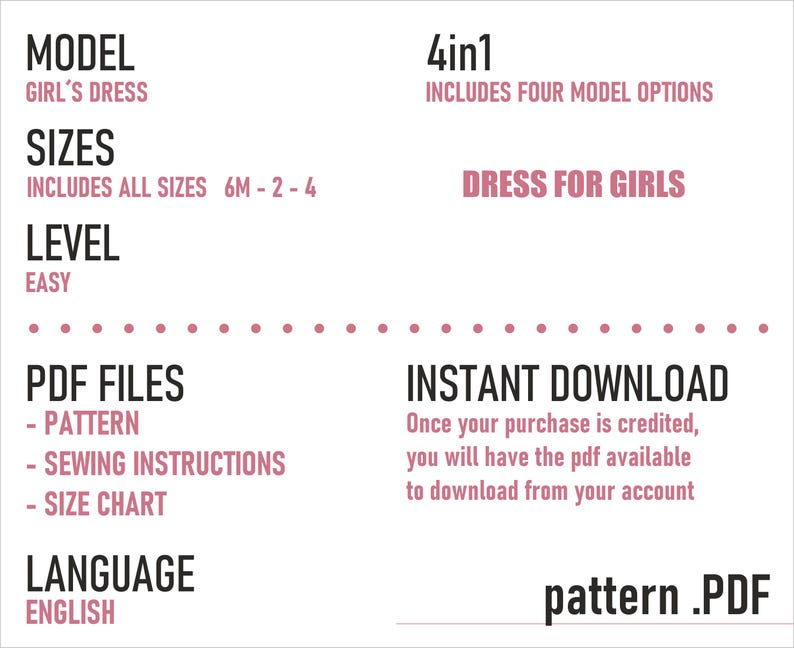 Puede incluir: Una descarga digital para un patr&oacute;n de costura de vestido para ni&ntilde;a. El patr&oacute;n incluye cuatro estilos diferentes y tallas desde los 6 meses hasta los 4 a&ntilde;os. El patr&oacute;n es f&aacute;cil de seguir e incluye instrucciones de costura y una tabla de tallas. El patr&oacute;n est&aacute; disponible en ingl&eacute;s.