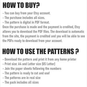 May include: Instructions on how to buy and use digital PDF sewing patterns. The text includes information about purchasing from Etsy, downloading the files, and printing the patterns on A4 or Letter size paper.