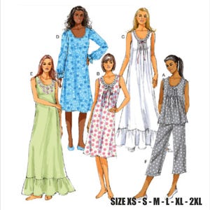 May include: A sewing pattern for five different nightgowns and pajamas. The pattern includes a long white nightgown, a short blue floral nightgown, a short pink floral nightgown, a gray and white polka dot pajama top and pants, and a long green nightgown with a ruffle trim. The pattern is available in sizes XS-2XL.