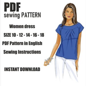 May include: PDF sewing pattern for a women's dress in sizes 10-12-14-16-18. The pattern includes sewing instructions and is available for instant download.