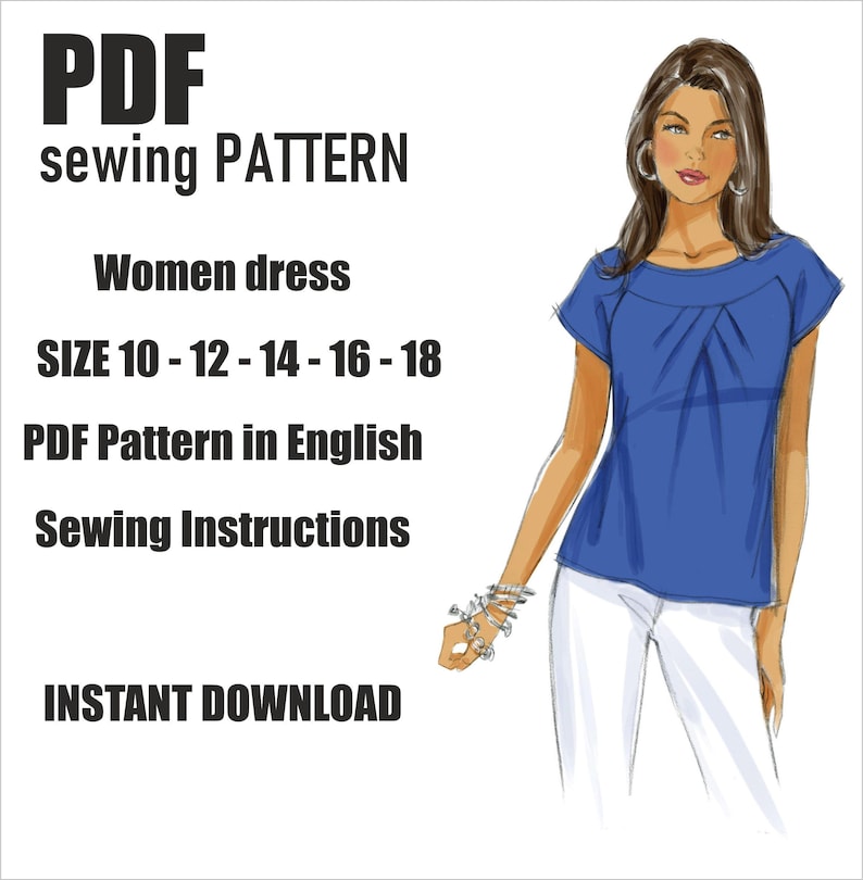 May include: PDF sewing pattern for a women's dress in sizes 10-12-14-16-18. The pattern includes sewing instructions and is available for instant download.