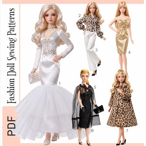 May include: A PDF fashion doll sewing pattern set 8805 for 11.5 inch dolls featuring seven outfits: a white gown, leopard print blouse with white trousers, gold dress, black dress with sheer cape, and a leopard print coat with printable instructions.