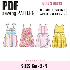 May include: PDF sewing pattern for four different styles of girls' dresses. The dresses are in various colours and patterns, including stripes, floral, and gingham. The pattern includes sizes 6 months to 2-4 years.  "INSTANT DOWNLOAD" and "4 MODELS IN ALL SIZES" are written in the top right corner.