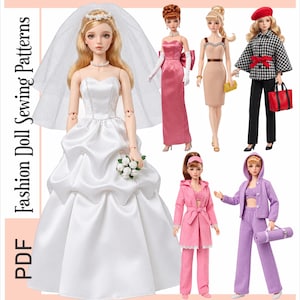 Könnte beinhalten: Ein PDF-Schnittmuster-Set mit dem Titel Doll Outfit Set 8808 für 29,2 cm große Puppen. Das Bild zeigt sechs komplette Outfits, darunter ein weißes Brautkleid mit Schleier, ein rosa Abendkleid, ein beiges Kleid, eine karierte Jacke mit Hose und zwei Loungewear-Sets.