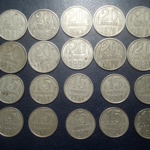 a set of coins 20 pieces of the USSR 20 kopecks and 15 kopecks / coins for decor